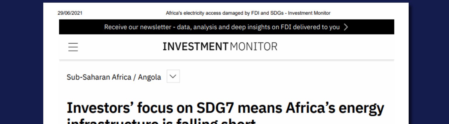 Investment Monitor Magazine:Investors’ focus on SDG7 means Africa’s  energy infrastructure is falling short